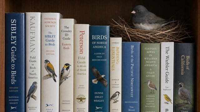 Birding books and field guides on a shelf