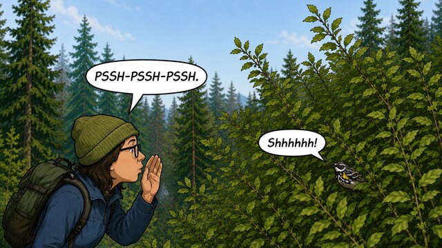 Illustrated birder pishing at a dense shrub while a warbler perches in the foliage